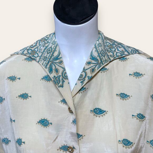 Vintage homemade cream and teal button up with dagger collar - Picture 6 of 6